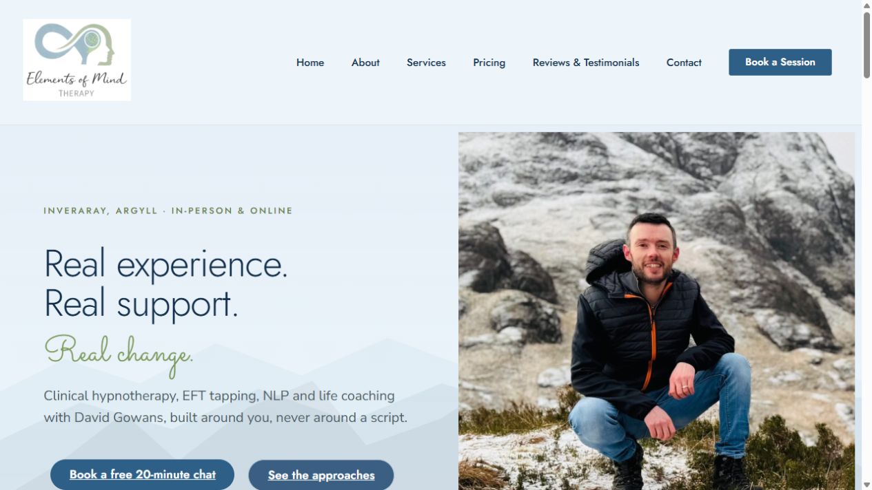 Screenshot of the Elements of Mind homepage showing its therapy services and David Gowans
