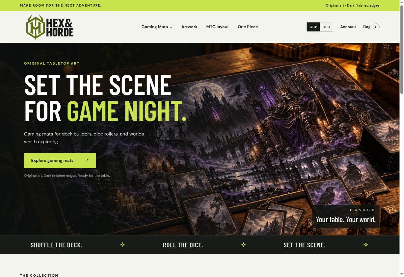 Screenshot of the Hex & Horde homepage featuring fantasy gaming mats and the headline Set the Scene for Game Night