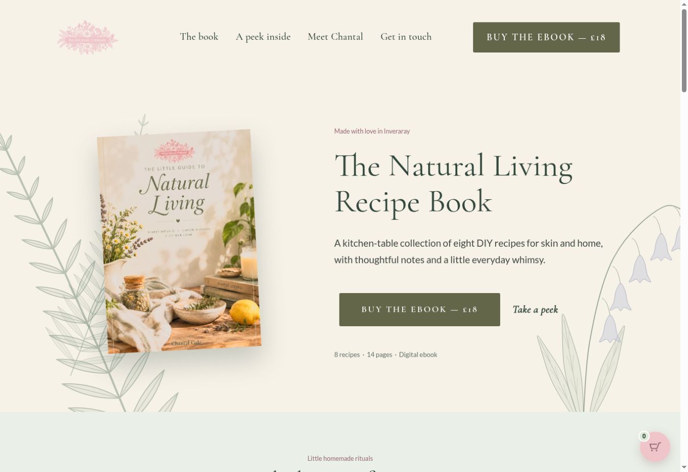 Screenshot of The Wee Magic Cupboard homepage featuring The Natural Living Recipe Book